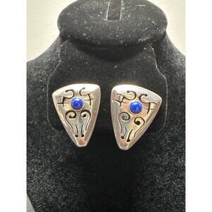 Vintage Sterling Silver Triangle Earrings With Blue Stone Accent & Intricate Des